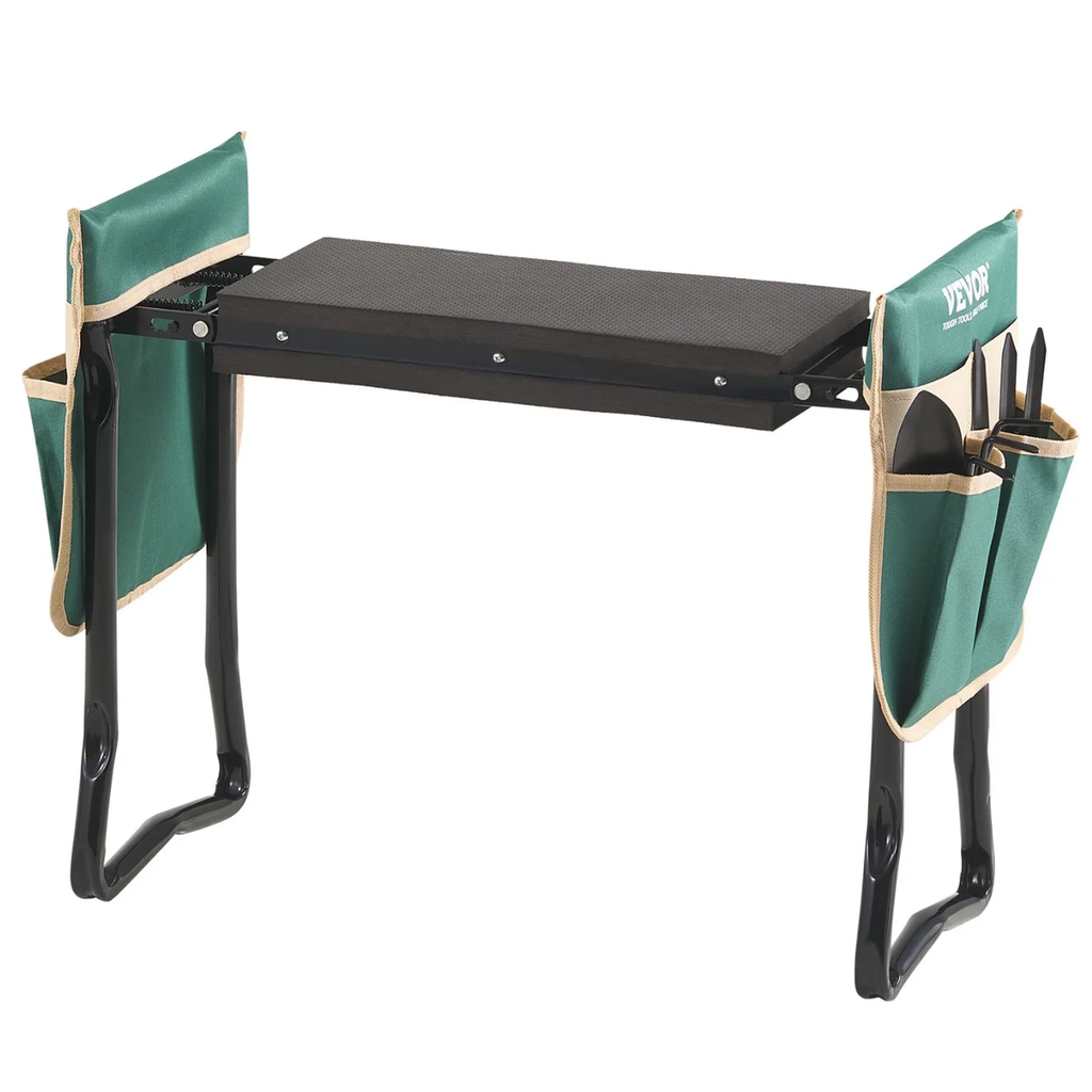 Garden kneeler flipped into a raised seat with two tool bags