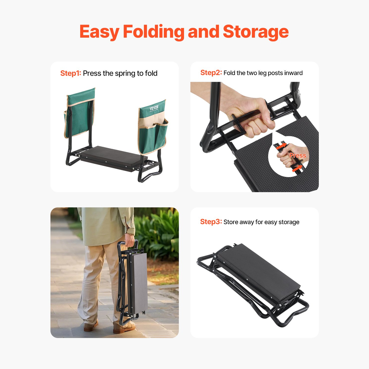 Three steps showing the frame folding flat