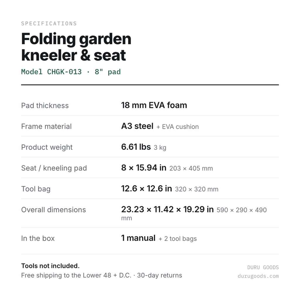 Specification chart showing pad thickness, materials, weight and overall dimensions